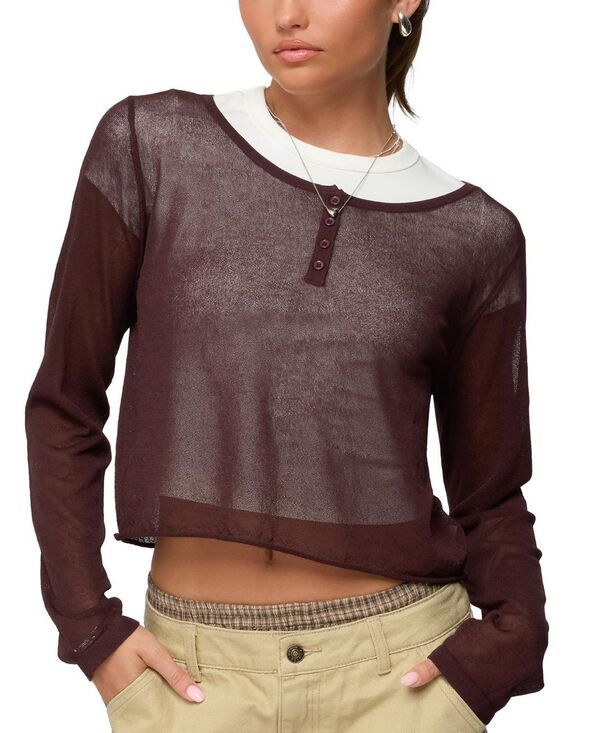 アディクテッド レディース トップス シャツ シアー ニット Edikted Kilian Sheer Knit Henley Top Brown ブラウン