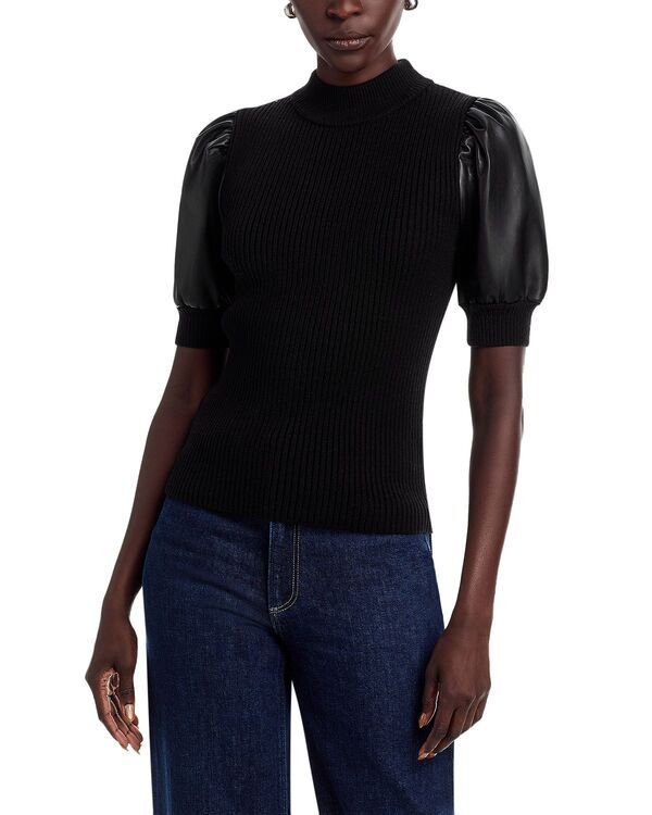 ティー・タハリ レディース アウター ニット・セーター モックネック リブ レザー フェイクレザー Tahari Elbow Sleeve Mock Neck Ribbed Pullover Sweater with Faux Leather Sleeves