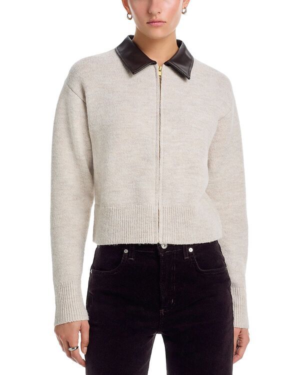 525 アメリカ レディース アウター カーディガン レザー フェイクレザー 525 America 525 Faux Leather Collar Zip Up Cardigan Oatmeal Combo オートミール