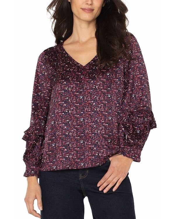 リヴァプール ロサンゼルス レディース トップス シャツ Vネック フリル Liverpoolos Angeles Ruffled Sleeve V Neck Top Burgundy Multi バーガンディ