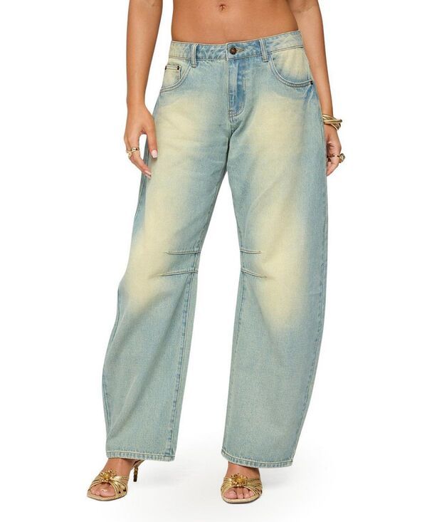 アディクテッド レディース ボトムス デニムパンツ ローライズ ジーンズ Edikted Cayden Low Rise Denim Washed Barrel Jeans BlueVintageWashed ブルー