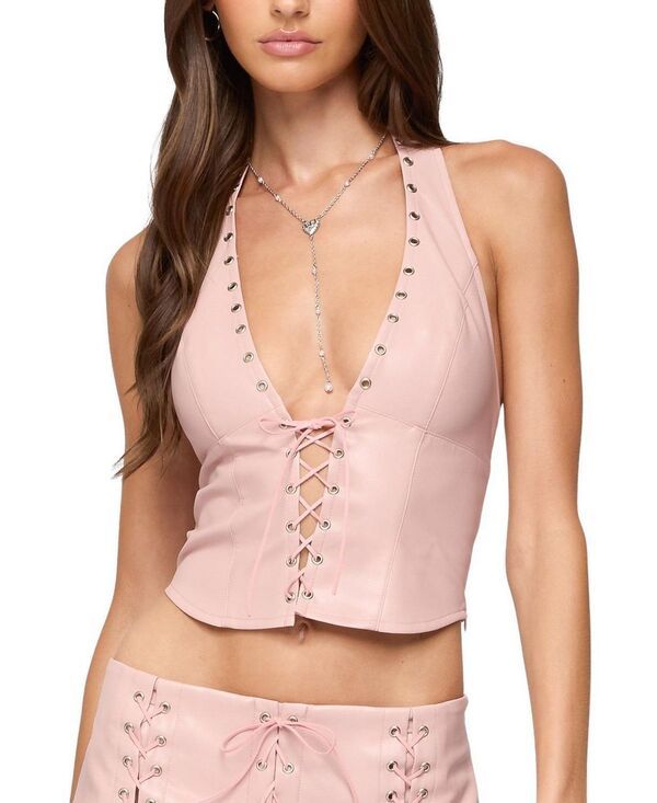 アディクテッド レディース トップス シャツ レース レザー フェイクレザー ホルター Edikted Elisha Lace Up Faux Leather Halter Topink ピンク