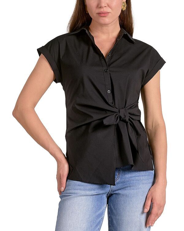 エラン レディース トップス シャツ ボタンダウン Elan Button Down Tie Waist Shirt Black ブラック