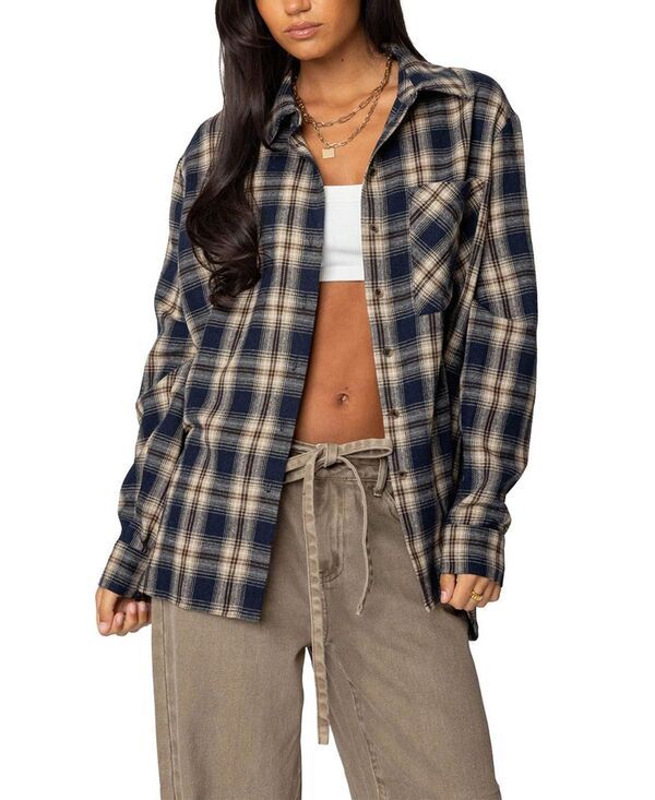 アディクテッド レディース トップス シャツ Edikted Plaid Flannel Button Up Shirt Navy ネイビー