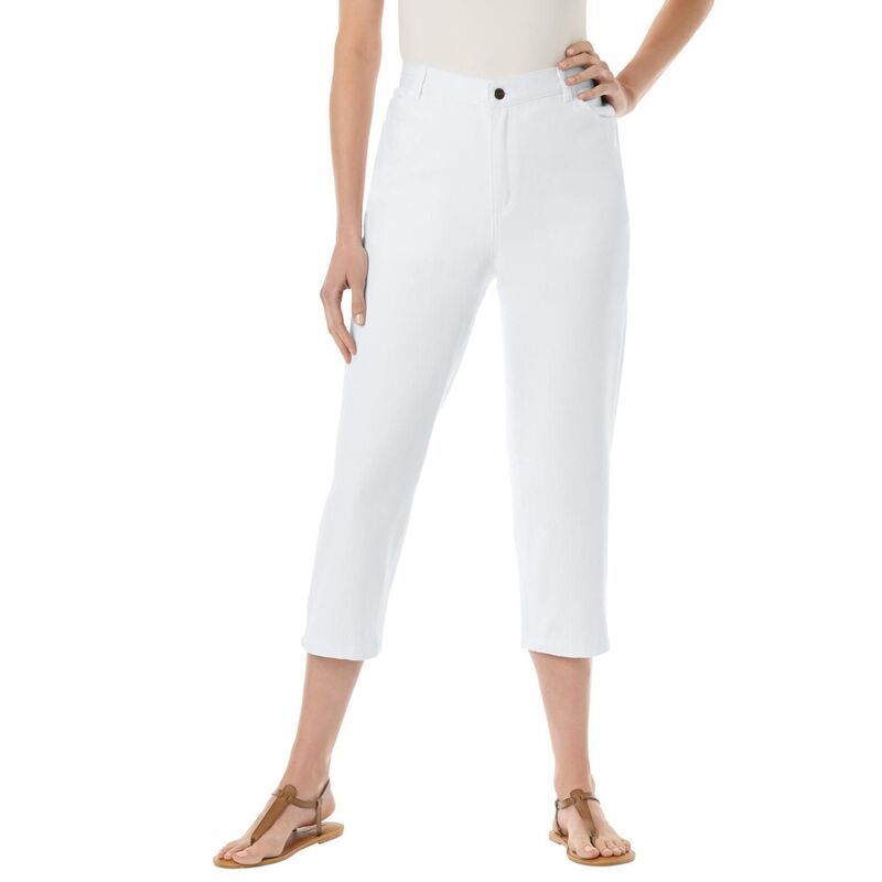 ウーマン ウィズイン レディース ボトムス カジュアルパンツ プラスサイズ デニム キャップ Woman Within Plusize Perfect 5Pocket BackElastic Denim Capri White ホワイト