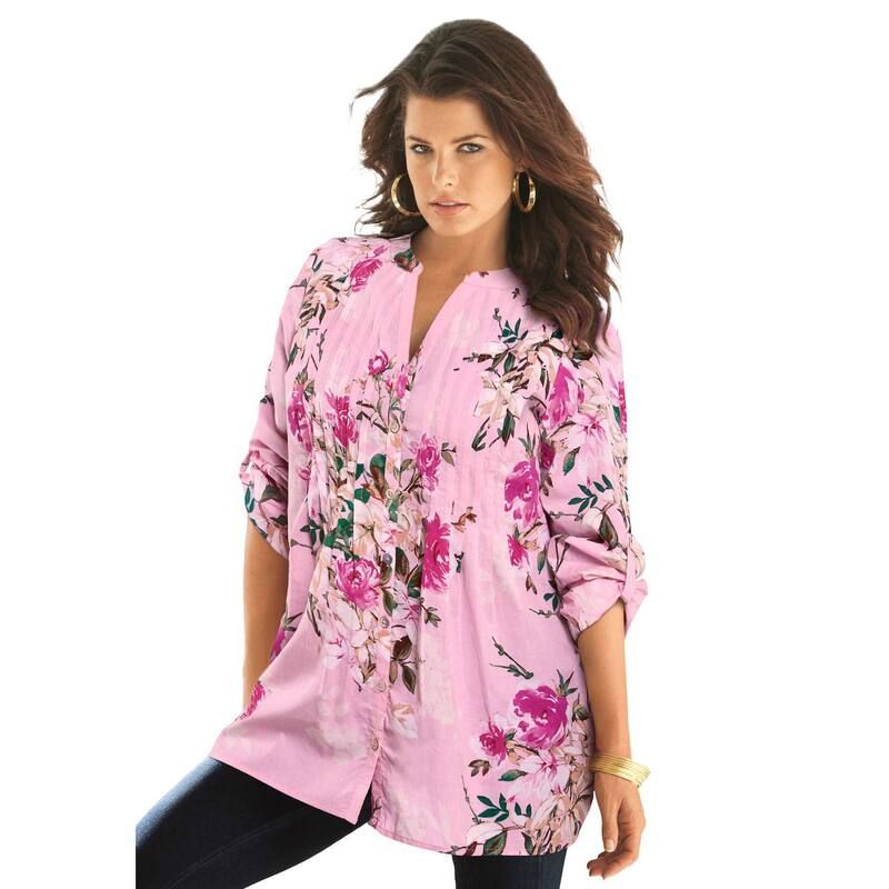 ロアマンズ レディース トップス Tシャツ フラワー柄 プラスサイズ フラワー Roamans Womens Plusize Floral YNeck Pintuck Tunic Adjustable Long Sleeve ButtonFront Pink