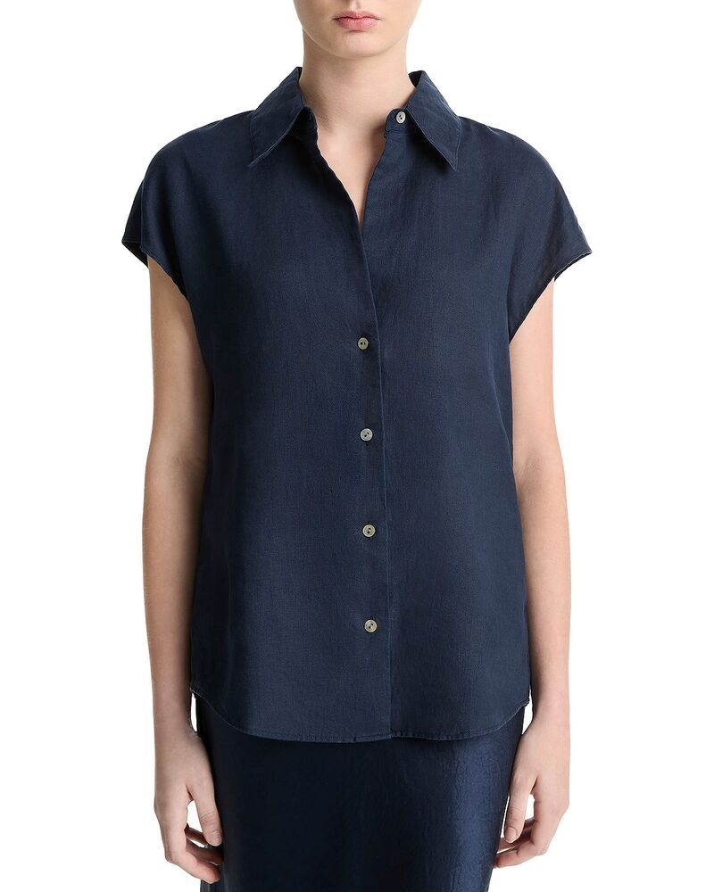ヴィンス レディース トップス シャツ キャップ リネン Vince Linen Cap Sleeve Shirt Coastal Blue ブルー