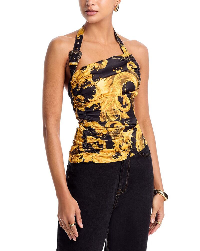 ヴェルサーチ レディース トップス シャツ サテン ホルター Versace Jeans Couturenver Satin Wave Halter Top Blackgold ブラック