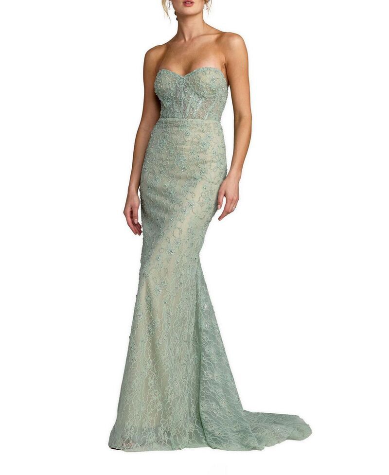 マックダガル レディース トップス ワンピース ケープデザイン サテン ストラップレス キャップ ケープ Mac Duggal Beaded Satin Rose Cape Strapless Bustier Gown Sage セージ