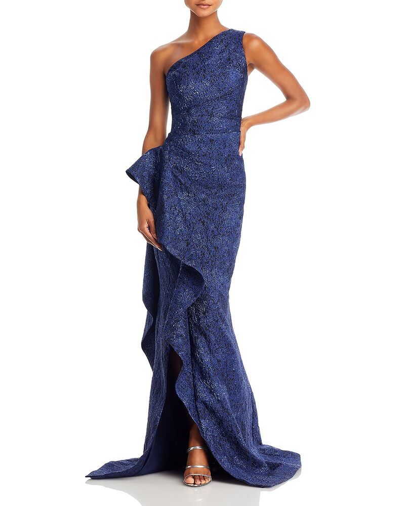 テリジョンバイリッキーフリーマン レディース トップス ワンピース ワンショルダー トール Teri Jon by Rickie Freeman Metallic Jacquard OneShoulder Gown Black Blue ブラック