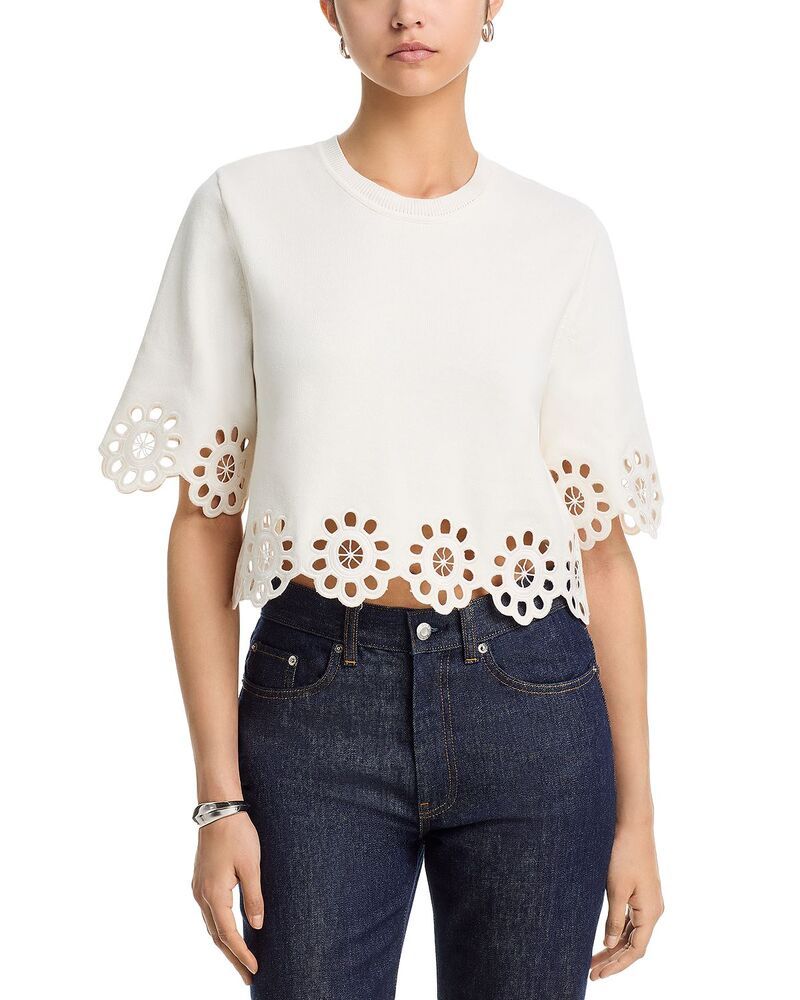 アクア レディース アウター ニット・セーター カットアウト 刺繍 AQUA Embroidered Cutout Crop Round Neck Sweater Exclusive White ホワイト