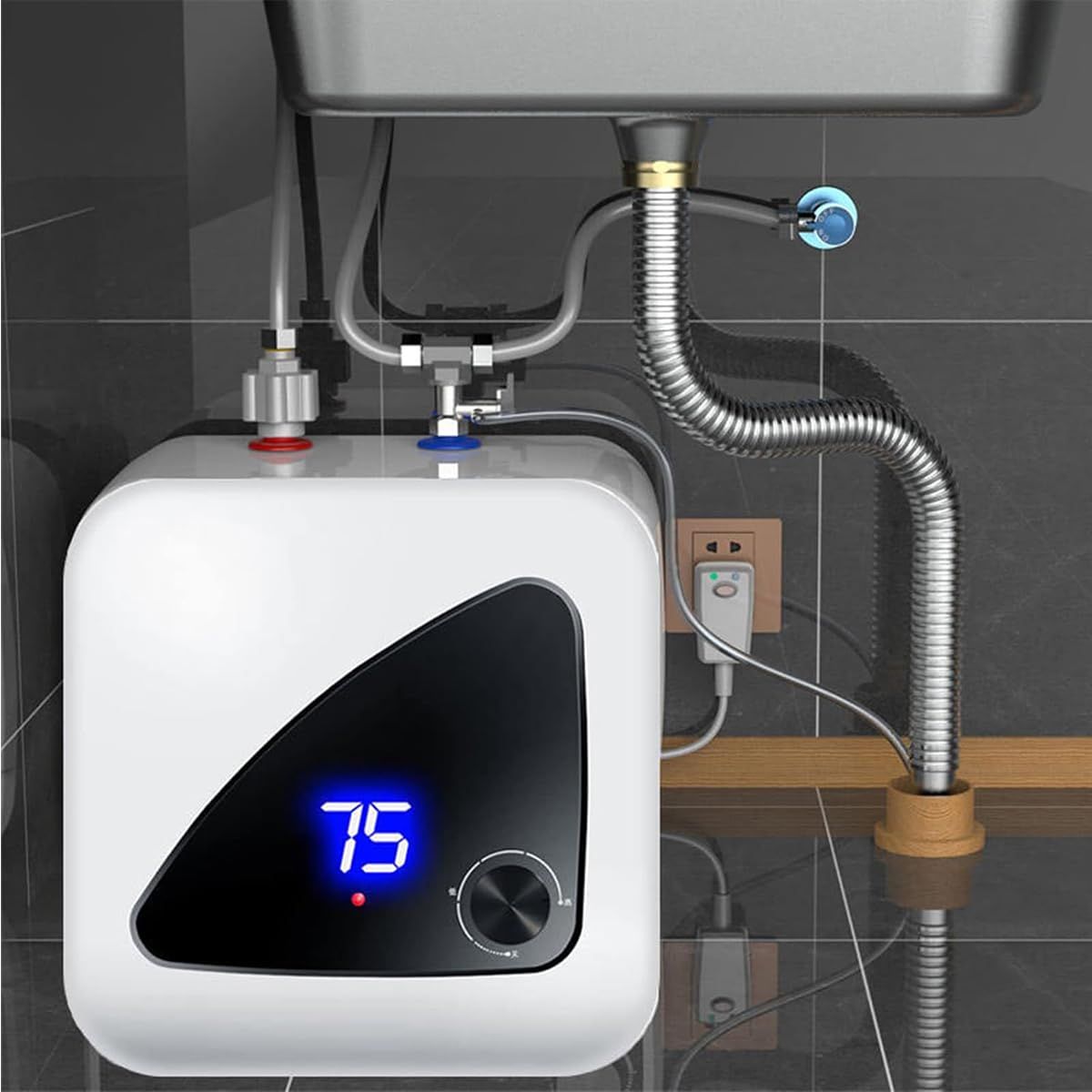 小型電気温水器 家庭用電気給湯器瞬間湯沸器 1500Wポータブル瞬間湯沸かし器ミニ電気温水ヒーター 5分速度加熱 8L大容量 過熱保護・節電・節水・水力分離 水温30℃～65℃調節可能IPX4防水設計 ウォーターヒーター コンパクトで 取り付 c484836e