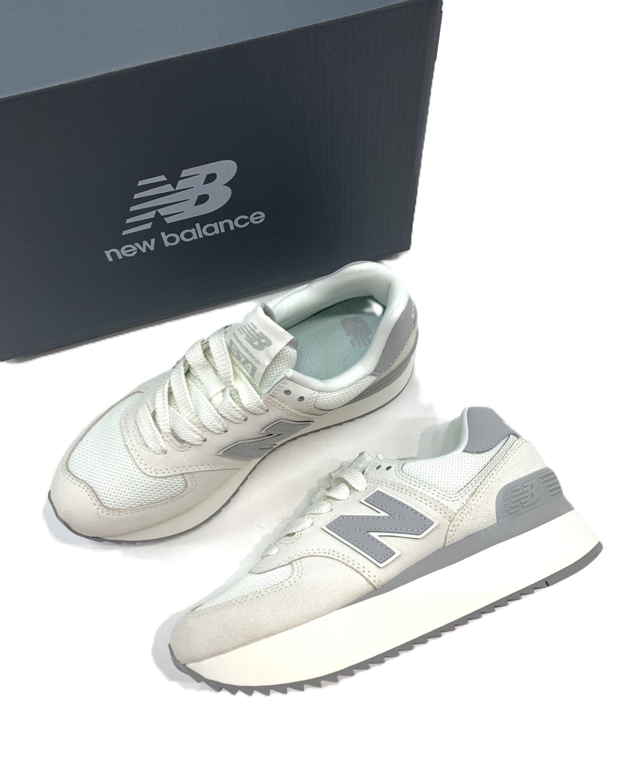 タグ・箱付　NEW　BALANCE　ニューバランス　2025　WL574ZJP　スエード　メッシュ　厚底スニーカー　24.5cm　574品番　ホワイト/グレー