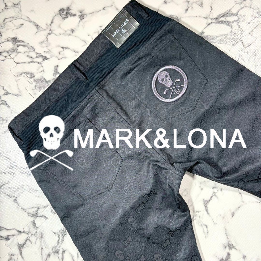極美品/22年製/総スカル柄/50(XL位)●マークアンドロナ MARK＆LONA ストレッチ素材 薄手 ブラック 黒 スキニー スラックス パンツ ゴルフ