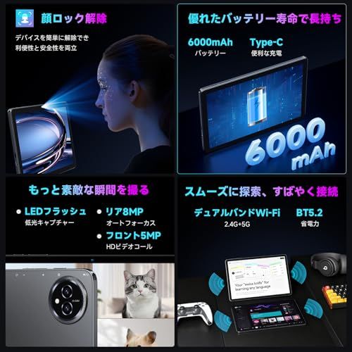 【タブレット 10インチ】-Android16 強化版 wi-fiモデル タブレット、高性能8コアCPU T7250搭載、20GB+128GB+2TB拡張、6000mAh大容量バッテリー+Type-C充電、WidevineL1対応+無線投影、 2c29f81a