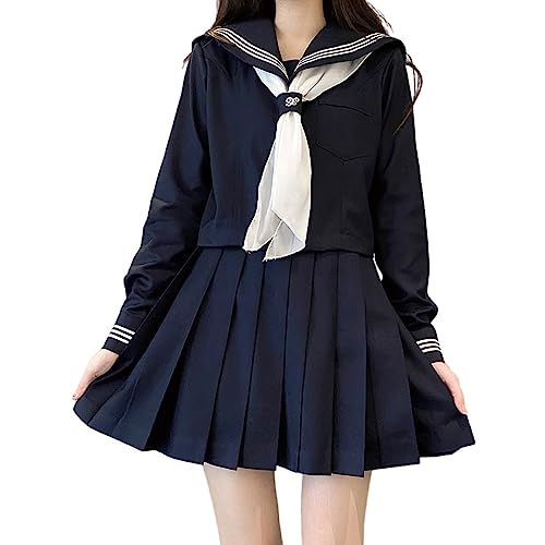 セーラー服 紺色 女子高生 3点セット ハロウィン 仮装 JK 制服 コスチューム 長袖 前開き 上下セット プリーツスカート 人気 女子制服 本格制服 紺三本 文化祭 学?歳 卒業式 清純 可愛い ネイビー (M) shu 82508973
