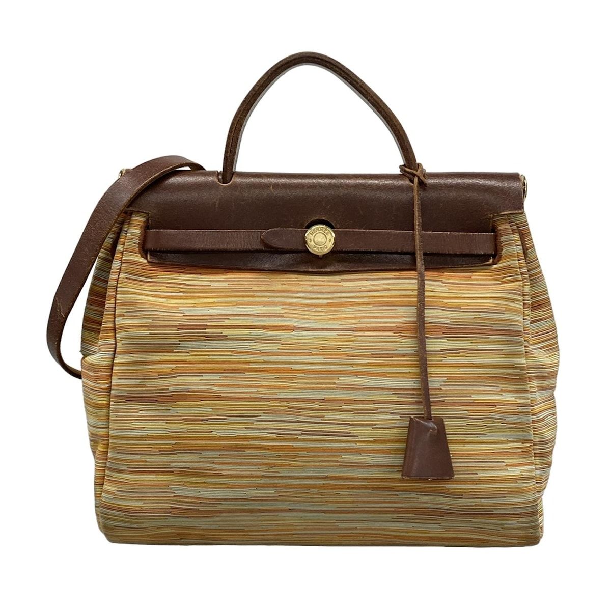 HERMES(エルメス) ハンドバッグ エールバッグPM オレンジ×ダークブラウン×マルチ ゴールド金具 レザー
