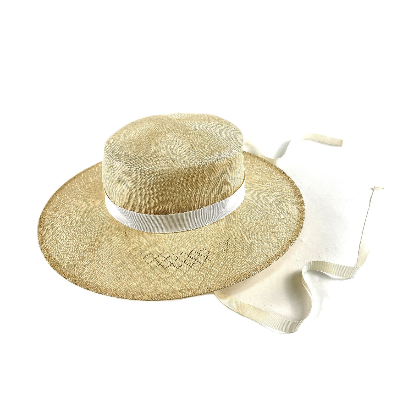 MIA　HAT&ACCESSORY　ミア ハット アンド アクセサリー　ストローハット　カンカン帽　麦わら帽子　ひも付き　リボン　ベージュ/ホワイト