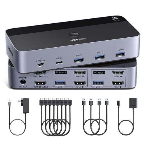 UGREEN HDMI KVM切替器 4K@60Hz 2モニタ2コンピュータ、2入力2出力スイッチ、 4つのUSB 3.0ポートのため2台のコンピュータで2モニタ/キーボード/マウス/プリンタを共有 HDMIケーブル4本、USBケーブル2本、 78d432a9
