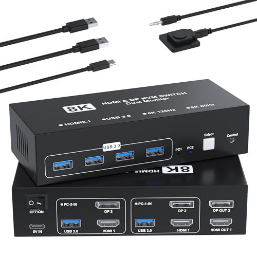 8K@60Hz HDMI+DisplayPort KVMスイッチ 2入力2出力 PC 2台モニター2台 KVM 切替器 パソコン2台モニター2台切り替え 4つのUSB 3.0ポート キーボード/マウス/プリンター/他のデバイス対応 パソコン切 90f420e0