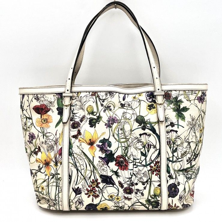 GUCCI（グッチ）フローラ トートバッグ ボタニカル フラワープリント レザー アイボリー系 ゴールド金具 レディース【中古】