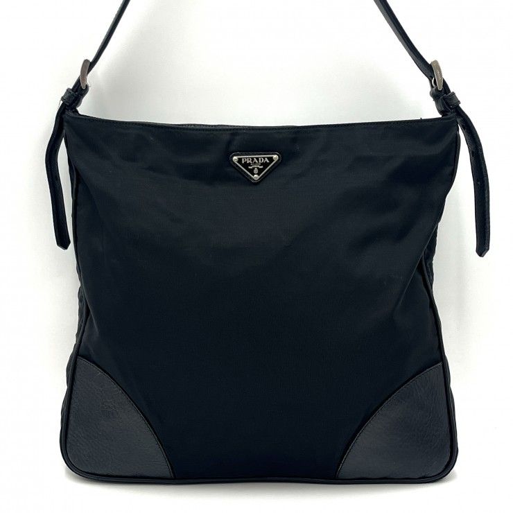 PRADA（プラダ）Tessuto ナイロン ショルダーバッグ ブラック レザー レディース メンズ ユニセックス イタリア製【中古】