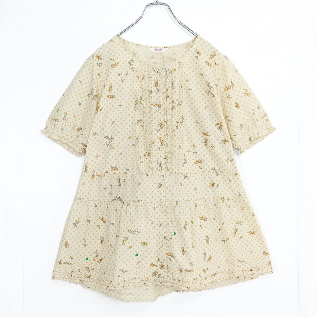 ピンクハウス★ガーリーなドット×小花柄♪前開き フリル使い ミニワンピース ベージュ系 z19972