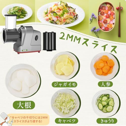電動野菜スライサー 5種替刃 ステンレス製 家庭用 多機能 粗切り・細切り・スライス・波刃・みじん切り 時短調理 日本語取り扱い説明書（250Wモーター搭載）/ 4e5da56f