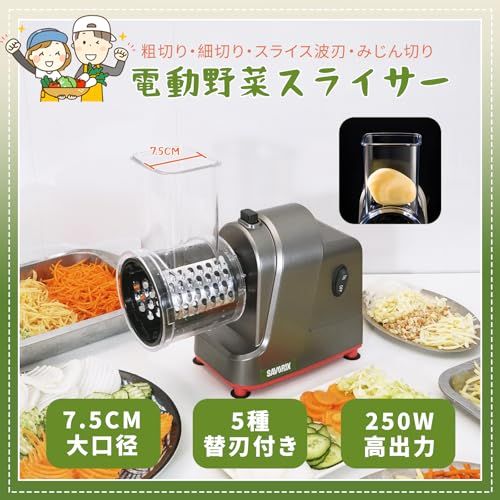 電動野菜スライサー 5種替刃 ステンレス製 家庭用 多機能 粗切り・細切り・スライス・波刃・みじん切り 時短調理 日本語取り扱い説明書（250Wモーター搭載）/ 4e5da56f