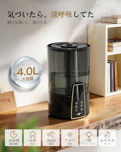 加湿器 大容量 卓上【2026年新登場・3-in-1 アロマ対応】4L 超音波式 加湿器. 上から給水 最大40時間連続稼働 7色LEDライト/おやすみモード/消灯可能 静音 除菌 空焚き防止 湿度設定 3段階ミスト 360°回転ノズル 1- 4ba922fa