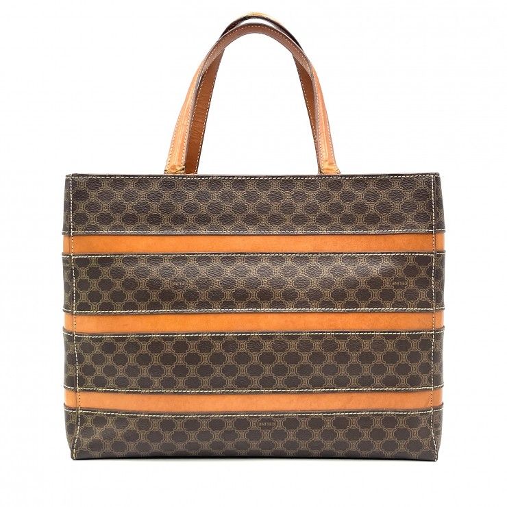 CELINE(セリーヌ) ヴィンテージ マカダム トートバッグ ハンドバッグ ボーダー柄 ブラウン PVC レザー ゴールド レディース 【中古】 CELINE(セリーヌ) ヴィンテージ マカダム トートバッグ ハンドバッグ ボーダー柄 ブラウン PVC レザー ゴールド レディース 【中古】