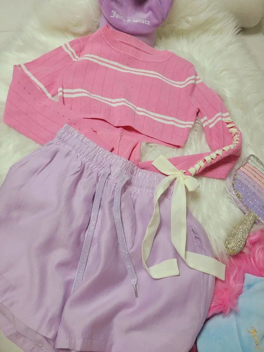 ピンク クロップド ニット + ラベンダー ハーフパンツ セット