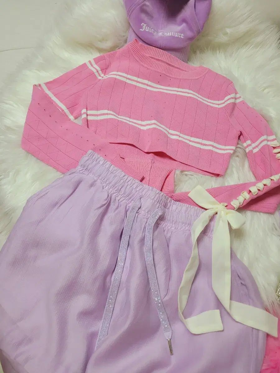 ピンク クロップド ニット + ラベンダー ハーフパンツ セット