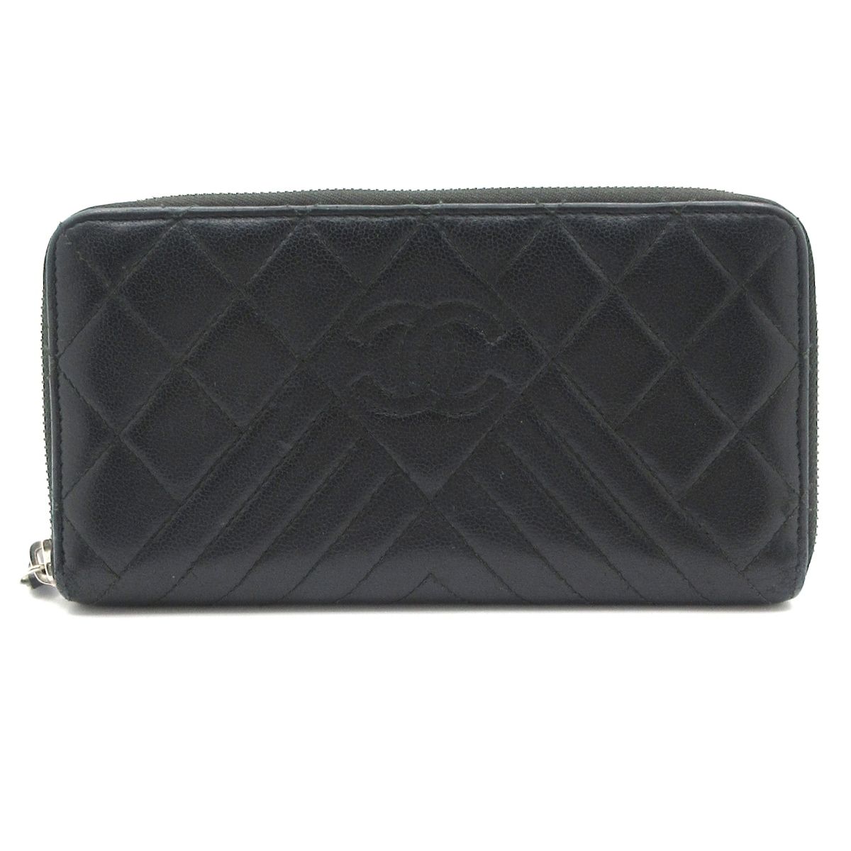 CHANEL(シャネル) 長財布 マトラッセ,Vステッチ(シェブロン) 黒 ラウンドファスナー/シルバー金具