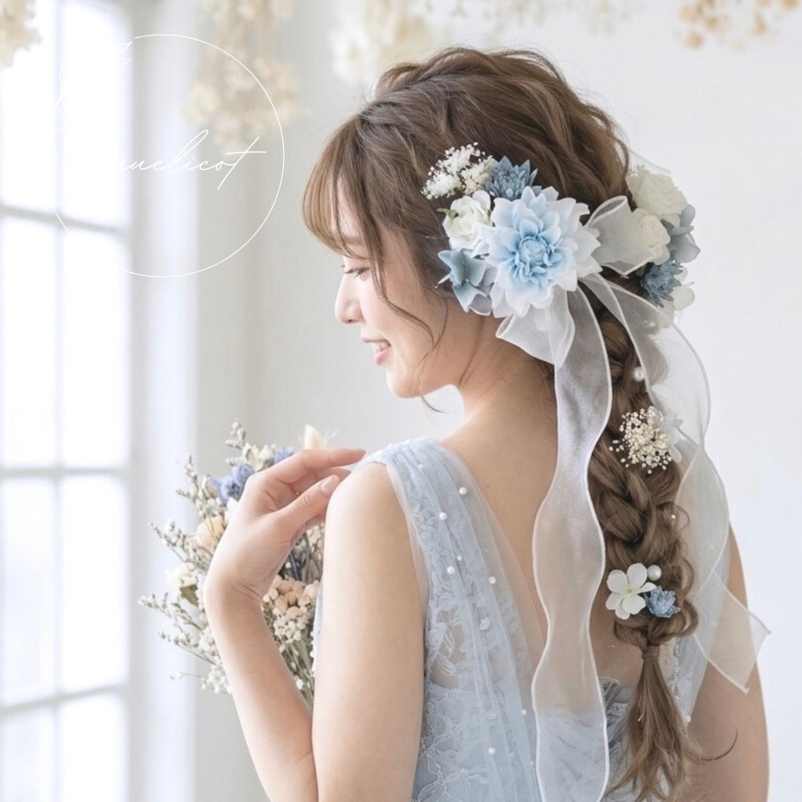 【coquelicot】アーティフィシャルフラワー ヘッドドレス ホワイト 水色 くすみブルー リボン／結婚式 ウェディングコクリコ