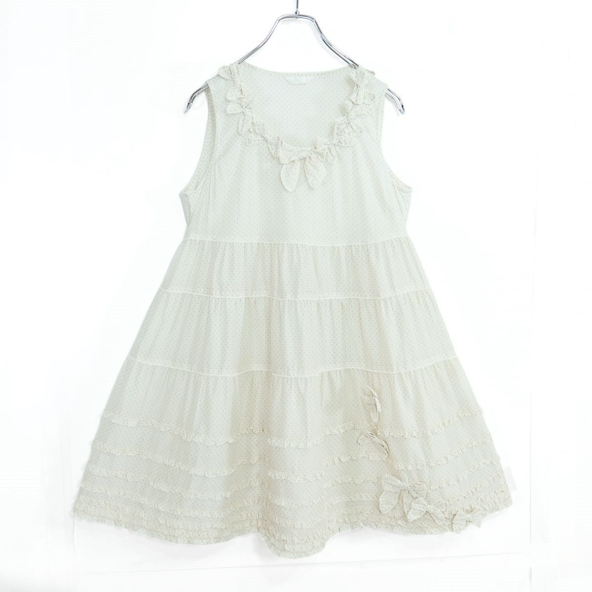【美品】ピンクハウス★リボンいっぱい♪ドットptチュニックブラウス 白系 綿ローン 前開き 薄手 z19626