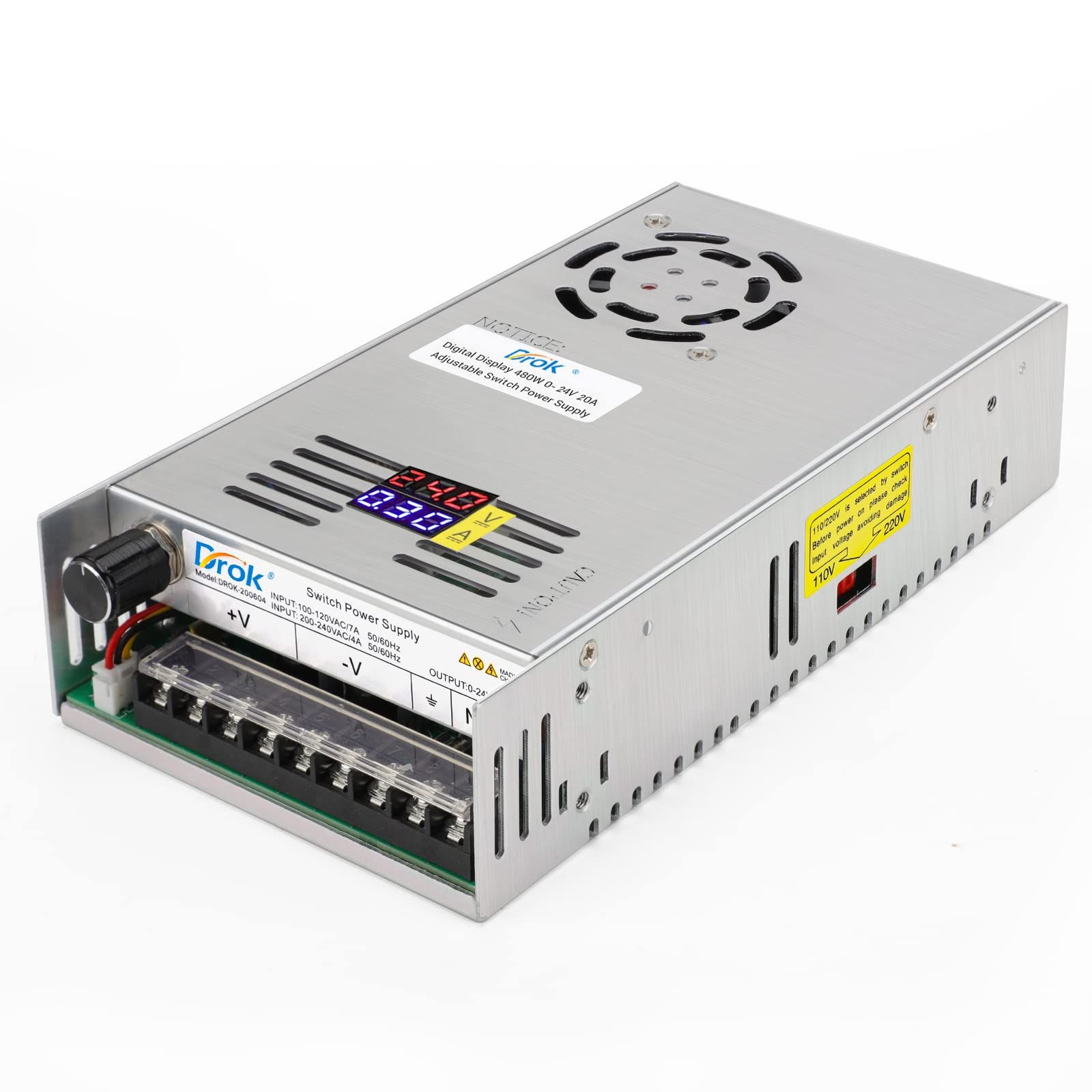 DROK スイッチング電源 AC 110/220V→DC 0-24V 20A 480W 電圧電流調整可能 安定化電源 直流電源変換器 過負荷電圧遮断 放熱ファン付き コンバーターkk a4ee7874