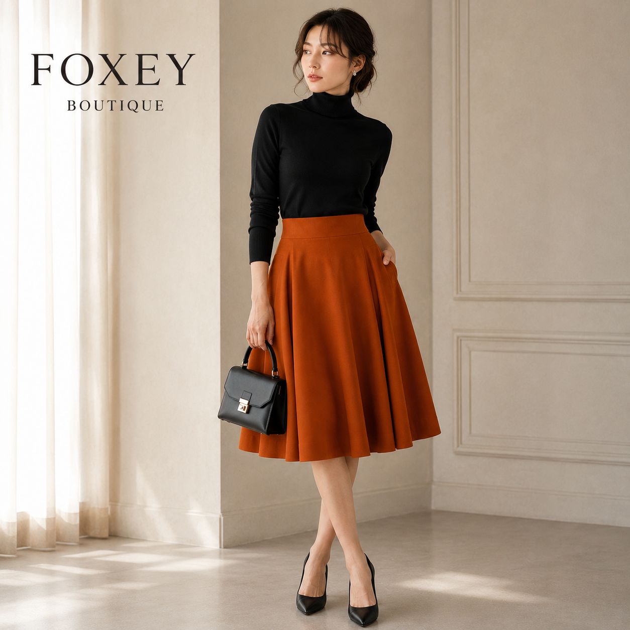 【現行品】【新品同様】【DM掲載】FOXEY BOUTIQUE41425 /フォクシー ブティック38 オレンジ スカート ニコル ストレッチダブルフェイス