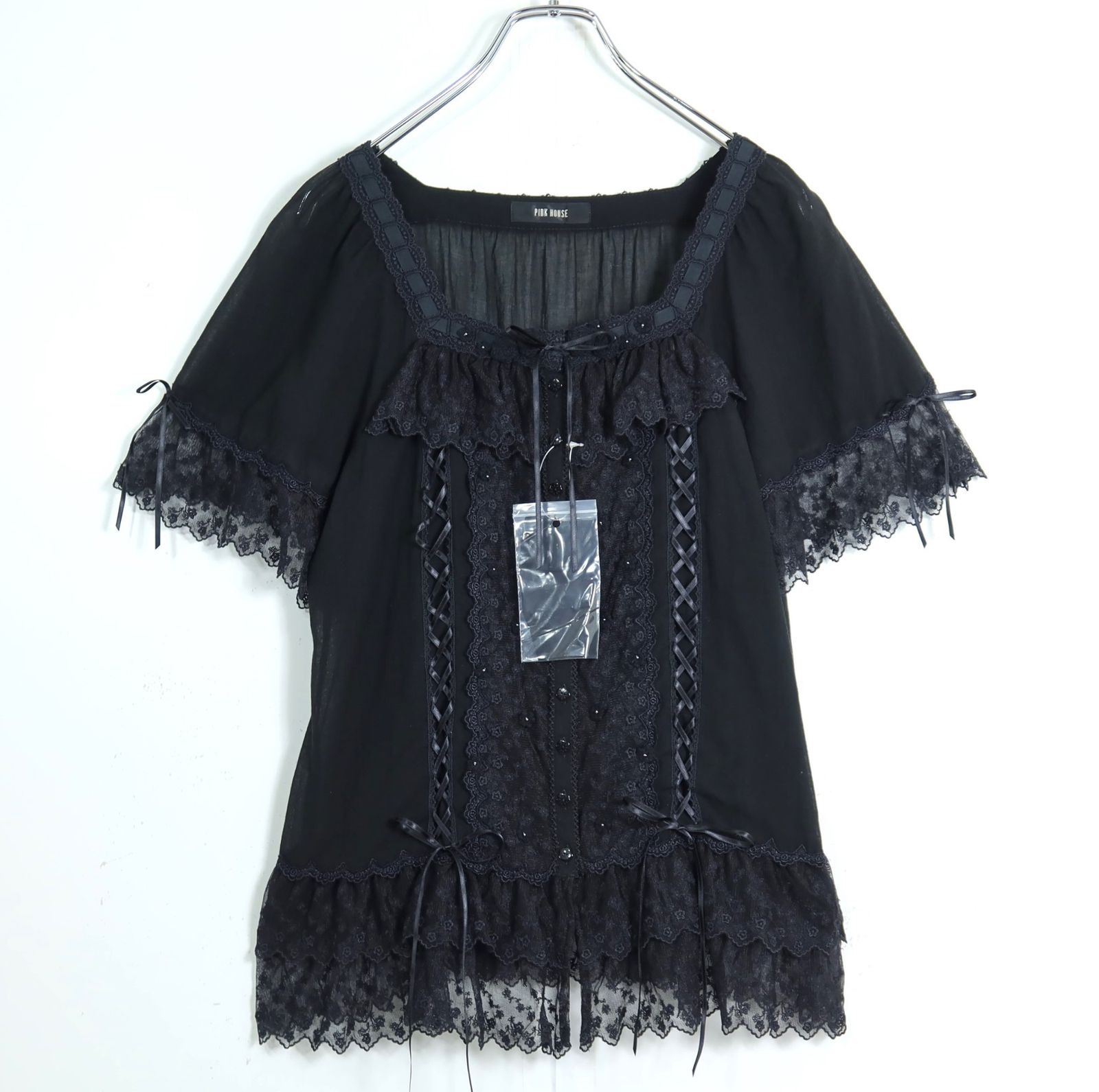 【未使用・残布有】ピンクハウス★刺繍付チュールレース♪レースアップブラウス 大きいサイズL 黒系 前開き サテンリボン♪z19573