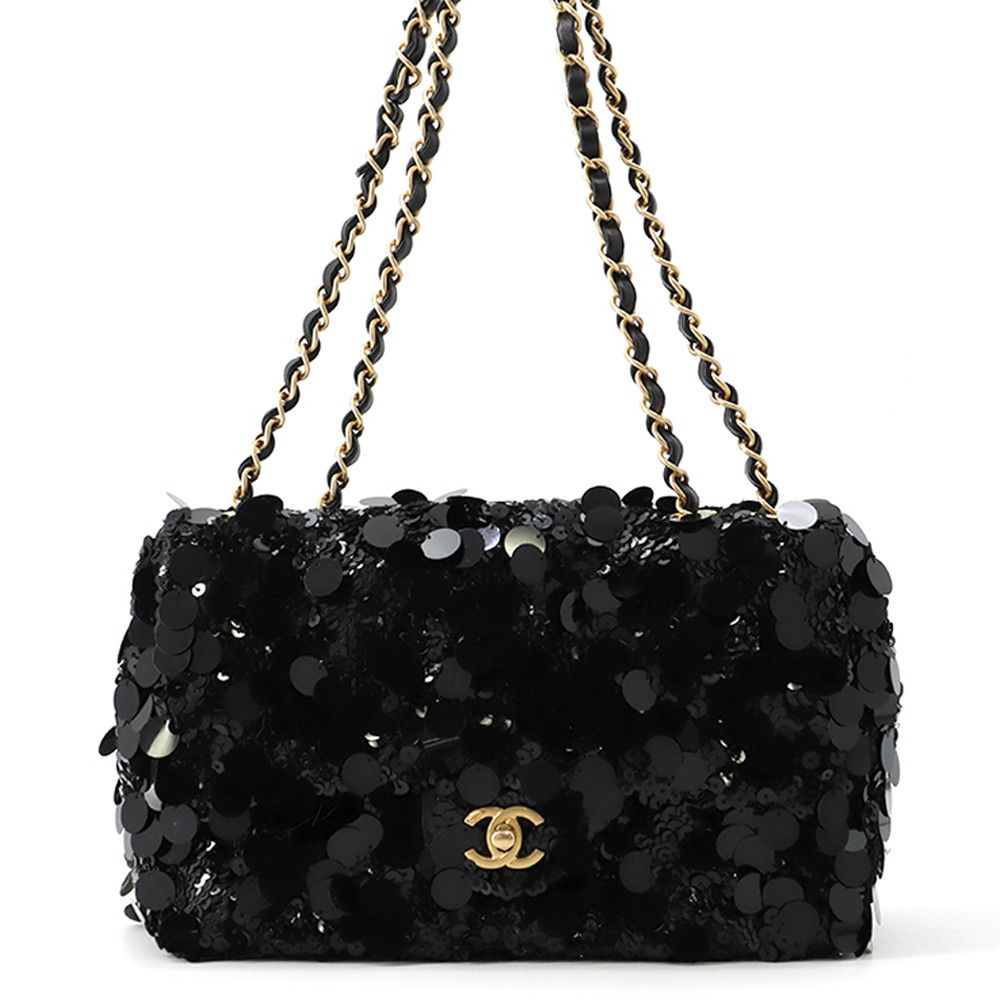シャネル チェーンショルダーバッグ マトラッセ ココマーク ラムスキン/サテン/スパンコール ダブルチェーン CHANEL 黒
