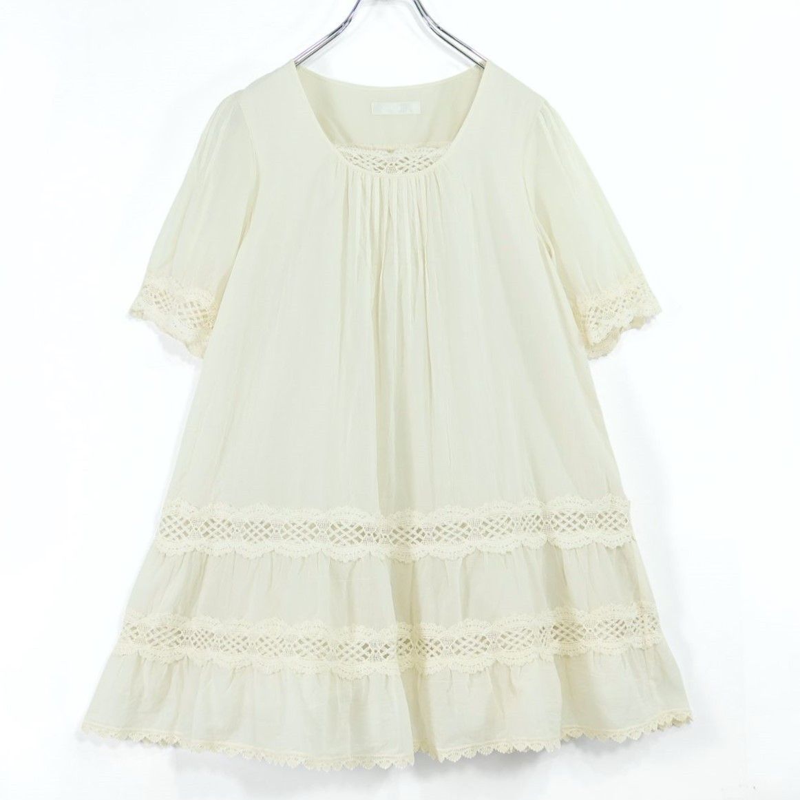 【美品】ピンクハウス★爽やかな綿ローンチュニック♪レース編み ギャザー ワンピース アイボリー系 z19614
