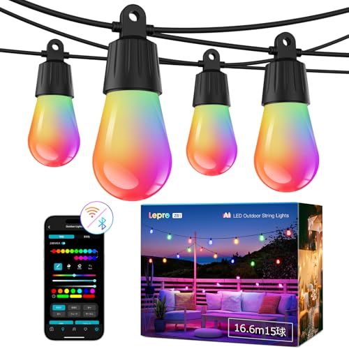 Lepro AI ストリングライト ZB1 電球色 15球 16.6m RGB 虹色 キャンプ 電球 led イルミネーションライト 屋外 コンセント AI照明デザイナー 音楽同期 スマート 調光調色 フェアリーライト 電飾 ガーデン IP6 f17af2f1