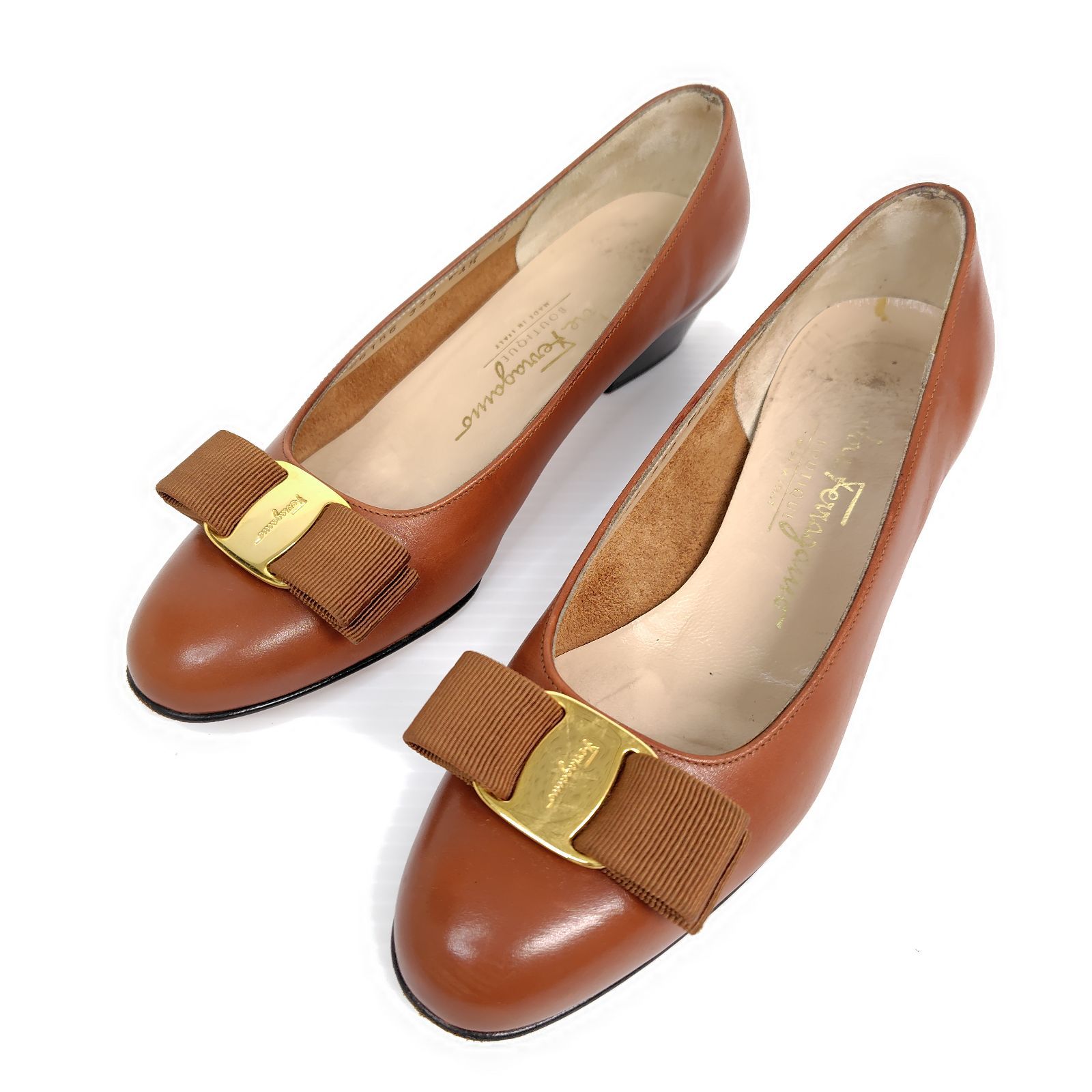 Salvatore Ferragamo フェラガモ パンプス 4.5C リボン ヴァラ ローファー ブラウン