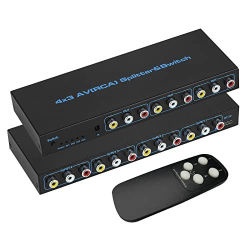 RCA スイッチャー セレクター 4x3 RCA 切替器 分配 4入力3出力 1080P 60Hz AV 切替器 スイッチャー VCR、VCD、DVD プレーヤー、ビデオ、PS3、カメラ レコーダー、ビデオ ゲーム、に対応 IR リモコン付き 30e9c206