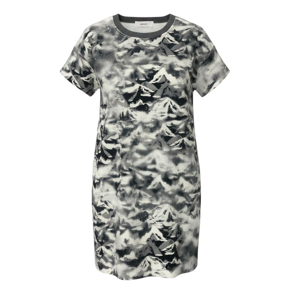 26e8 【美品】 chalayan フセイチャラヤン ショートスリーブ プリントワンピース 雪山 ストレッチ サイズS グレー系 レディース 女性用u02t