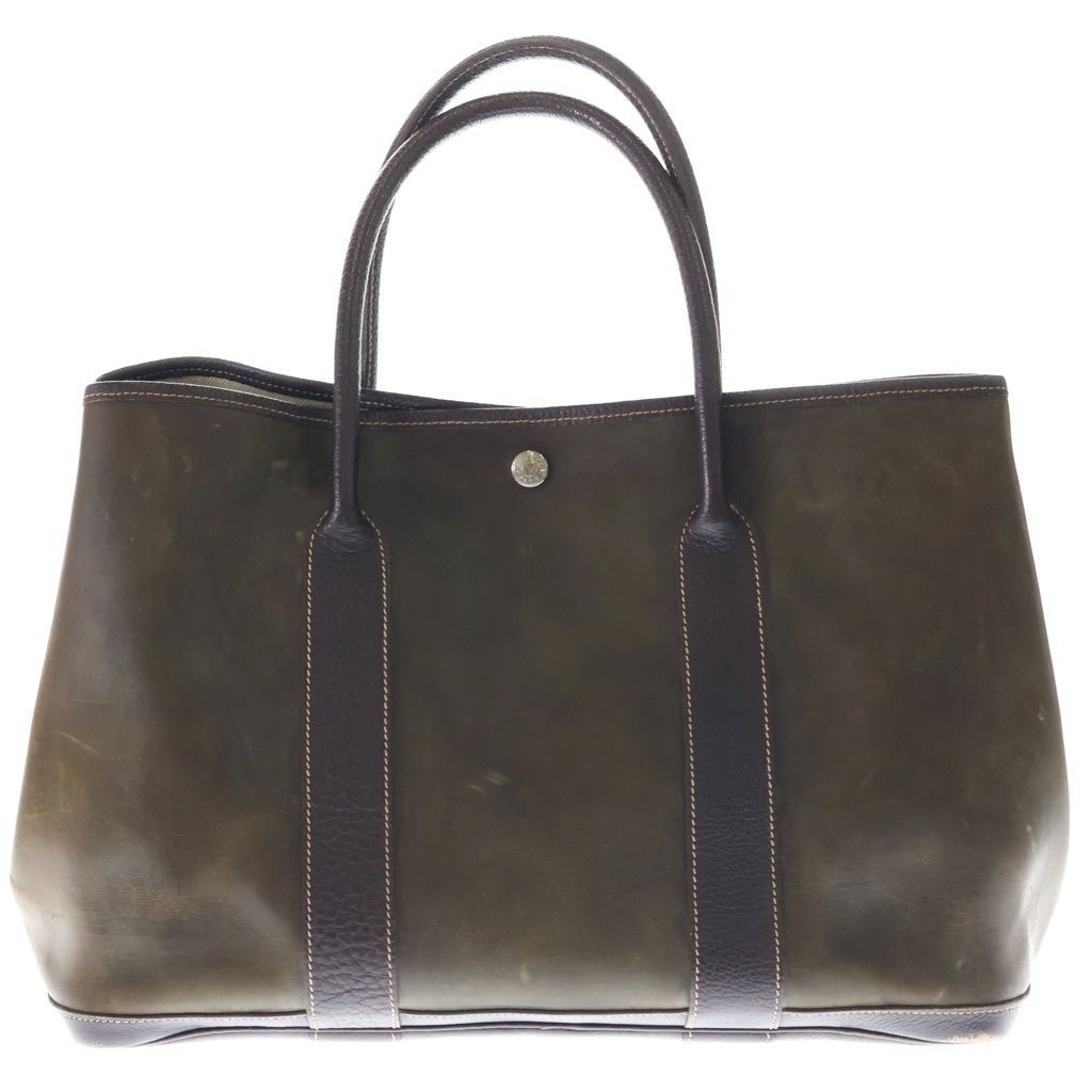 HERMES (エルメス) ガーデンパーティ PM トートバッグ ハンドバッグ オリーブ×ブラウン T刻印 シルバー金具