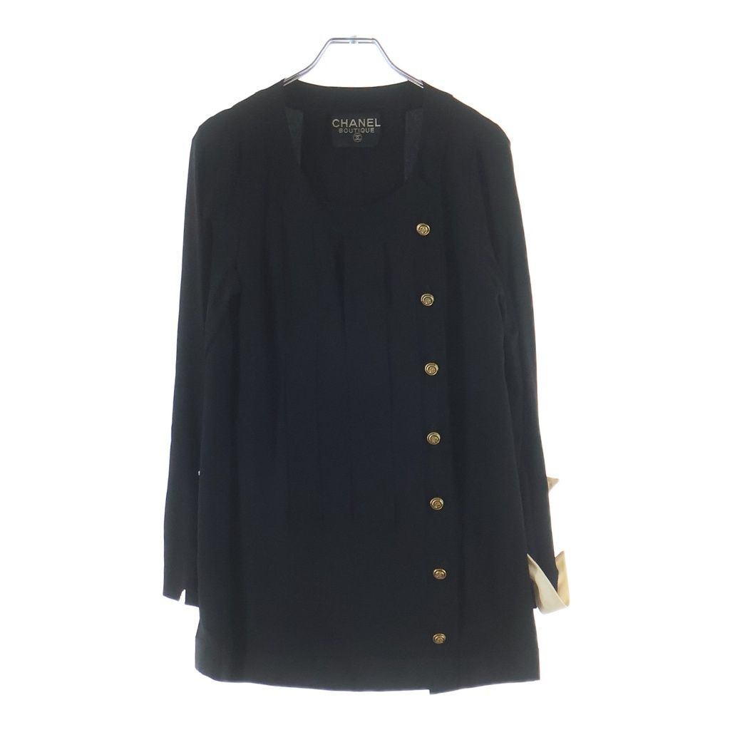 CHANEL (シャネル) プリーツデザイン ノーカラー 長袖シャツ ブラウス ブラック レディース