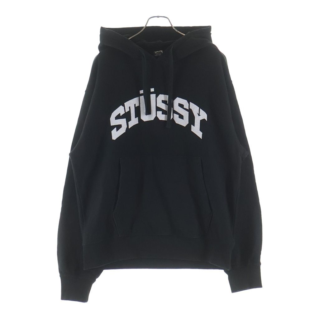 STUSSY (ステューシー) BLOCK SPORTS PIG DYED HOOD ブロックスポーツ ピグメントダイ フロントカレッジロゴプリント プルオーバーパーカー フーディー ブラック
