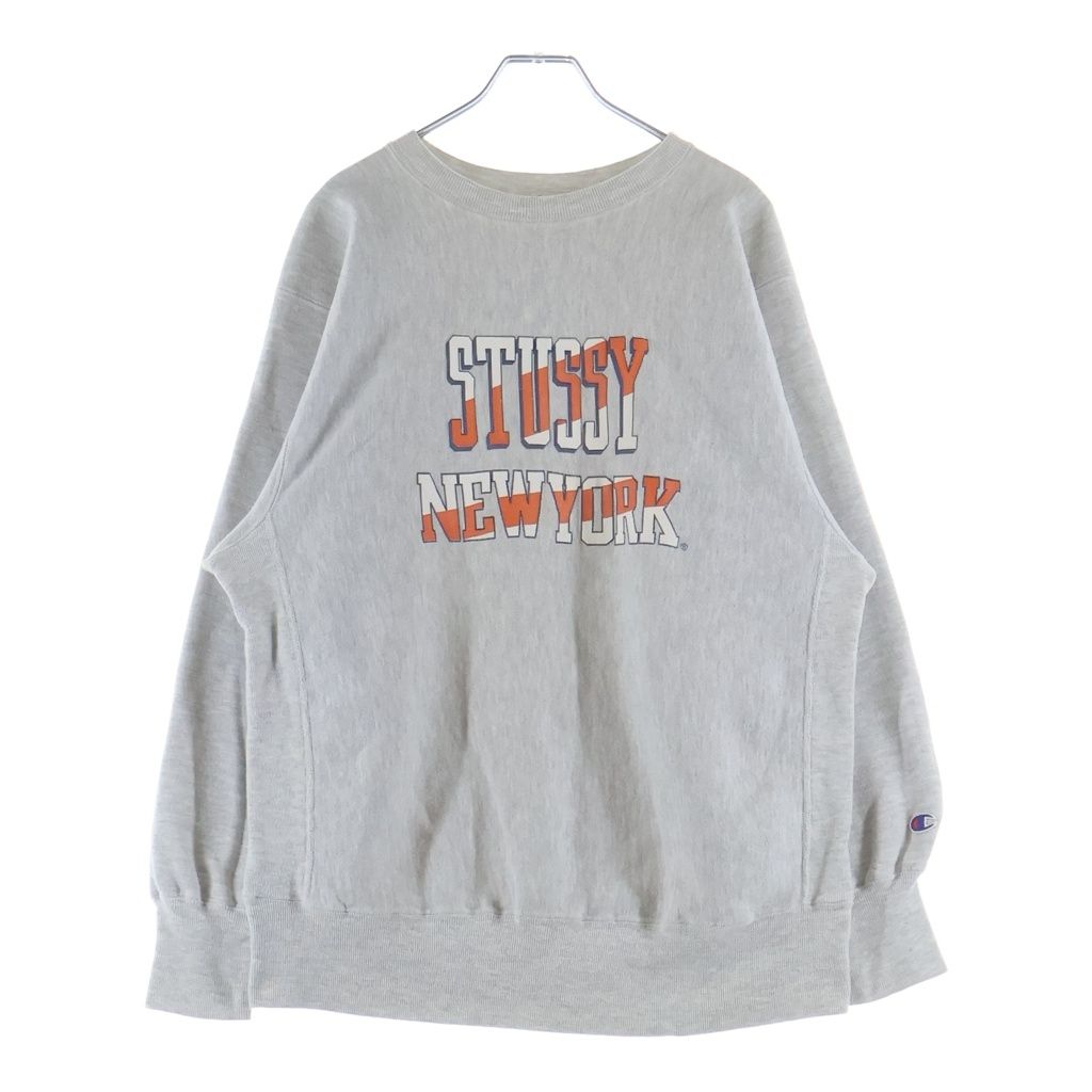 CHAMPION (チャンピオン) 90S ×STUSSY VINTAGE REVERSE WEAVE ステューシー ヴィンテージ リバースウィーブ 2段プリント クルーネック スウェット トレーナー グレー