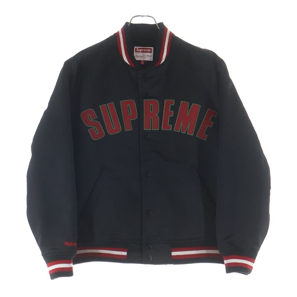 SUPREME (シュプリーム) 21AW ×Mitchell & Ness Varsity Jacket ×ミッチェルアンドネス サテン バーシティジャケット ブラック/レッド